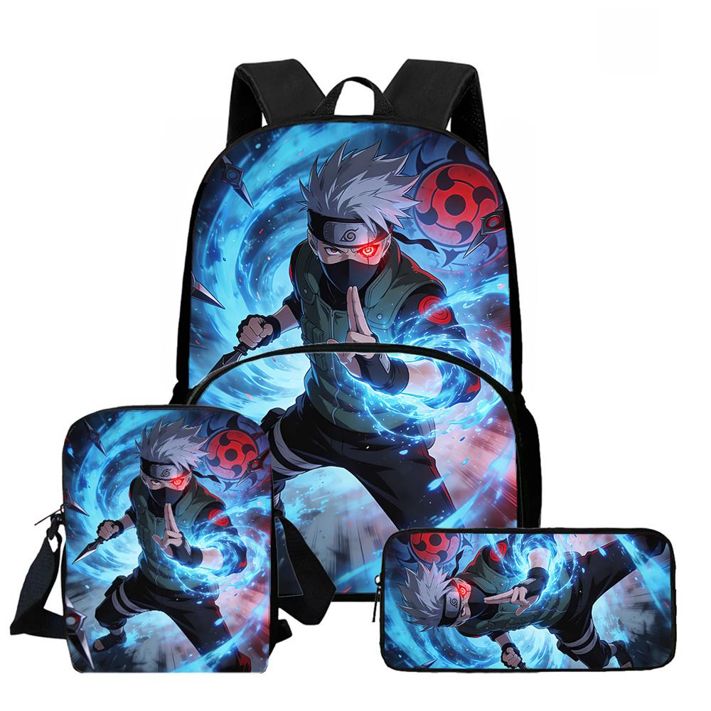3Pcs Set School Backpack with Front Pocket, Crossbody Bag & Pencil Bag, Cartoon NARUTO, Lightweight for Boys & Girls Ages 6-10