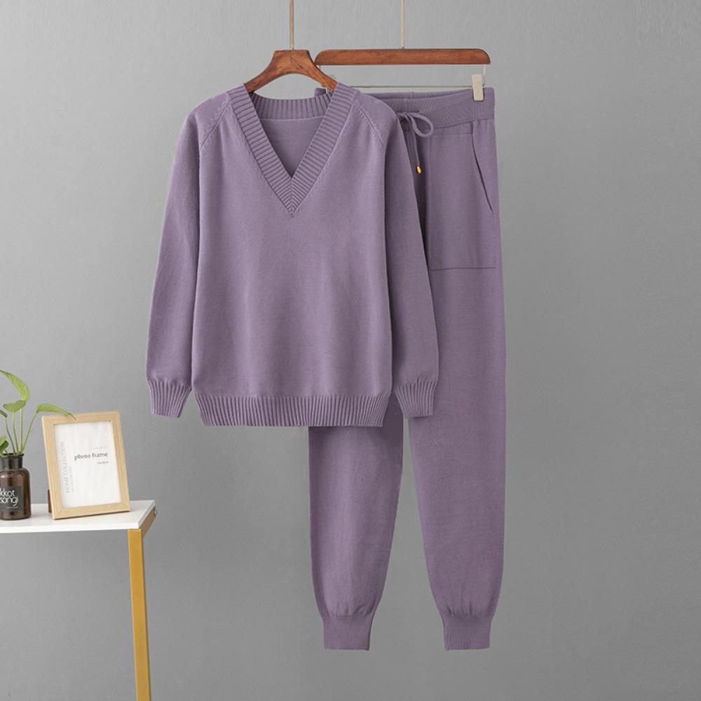 Women's Autumn Winter V Neck Sweater Two Piece Set Knitted Pants Suits Fashion Casual Pullover Tracksuits Outwear