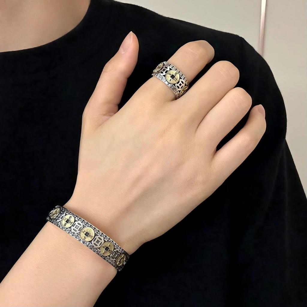 Bracciale Regolabile in Argento Sterling S925 Monete dei Cinque Imperatori e Anello Lingotto: Stile Nazionale Retrò per Uomo e Donna, Raffinato.