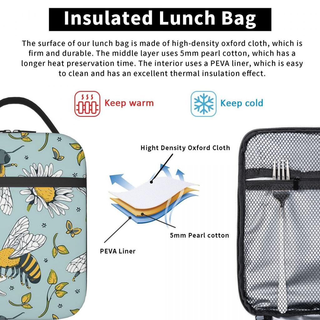 Cartoon Bee And Daisy In Blue Background Pattern Insulated Lunch Bag for Women Kids Leakproof Food Boxes Thermal Lunch Box Tote