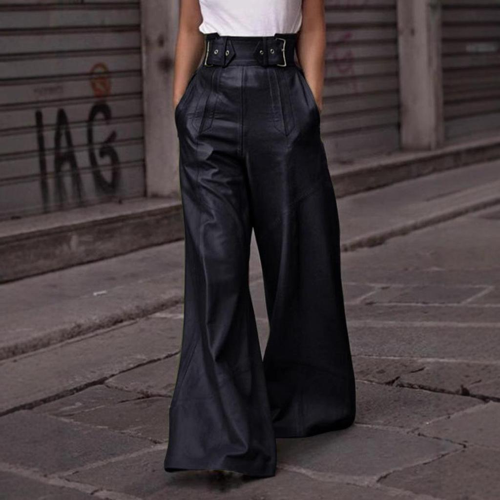 High Waist PU Leather Flare Pants with Waist-cinching & Pockets - 2025 Fashion