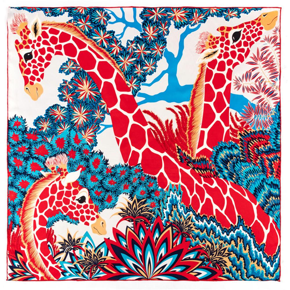 Trois Girafe Hijabs Foulard Femme Bandana Fait Main Sergé Bouclé Soie Carré Foulard de Luxe Foulards de Tête Écharpes 90Cm