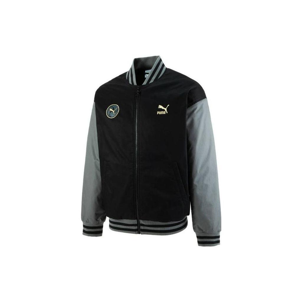 Puma Color Block Zip Baseballová bunda s grafickým potiskem na zádech Unisex bundy Černá 621864-01
