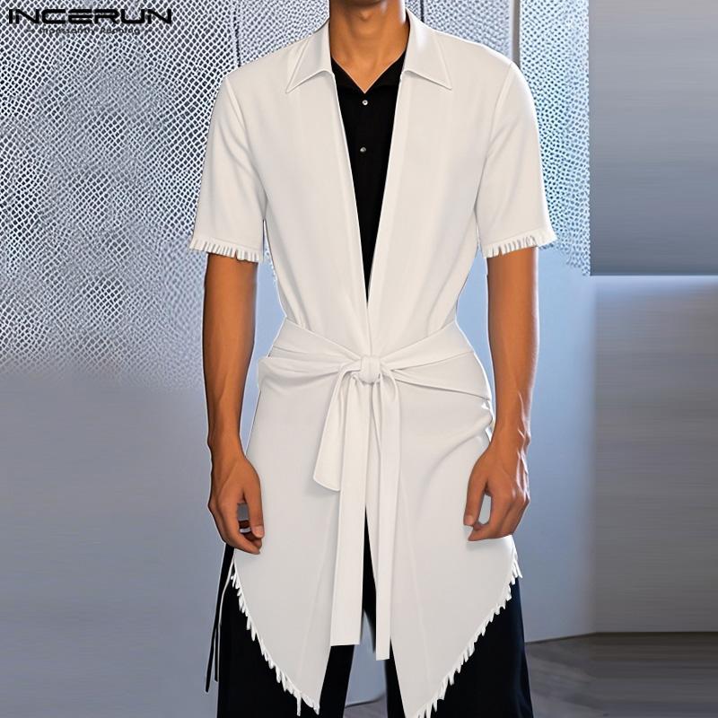 INCERUN Men V Neck Short Sleeve Lace-up Waist Back Cutout Irregular Long Tops T-shirts