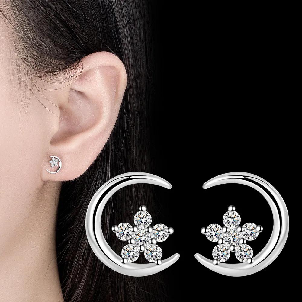 Fashion Female Earrings Sterling SIlver Moon Star Shaped Earrings for Women Sparkling Zircon Earrings Wedding Gift