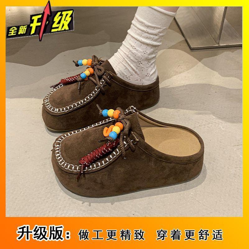 Niche design sense lace-up Birkenstock slippers women's fashion and comfort retro thick-soled half slippers women's 2025 spring and autumn new models