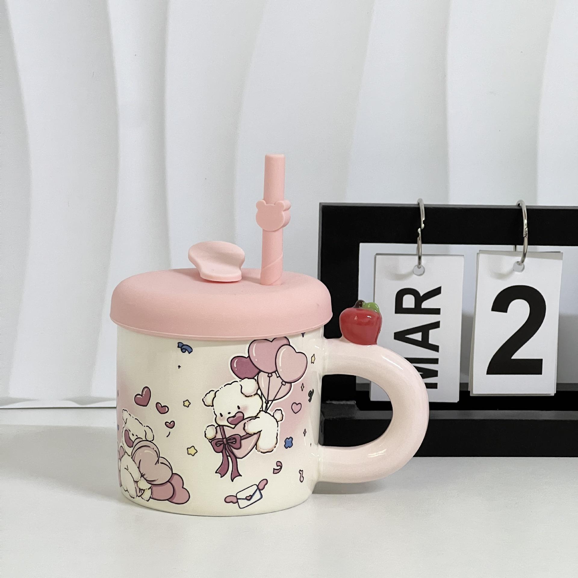

Creative high-value mug ceramic cup girls birthday gift cute girl heart straw water cup household goods ≈380ml