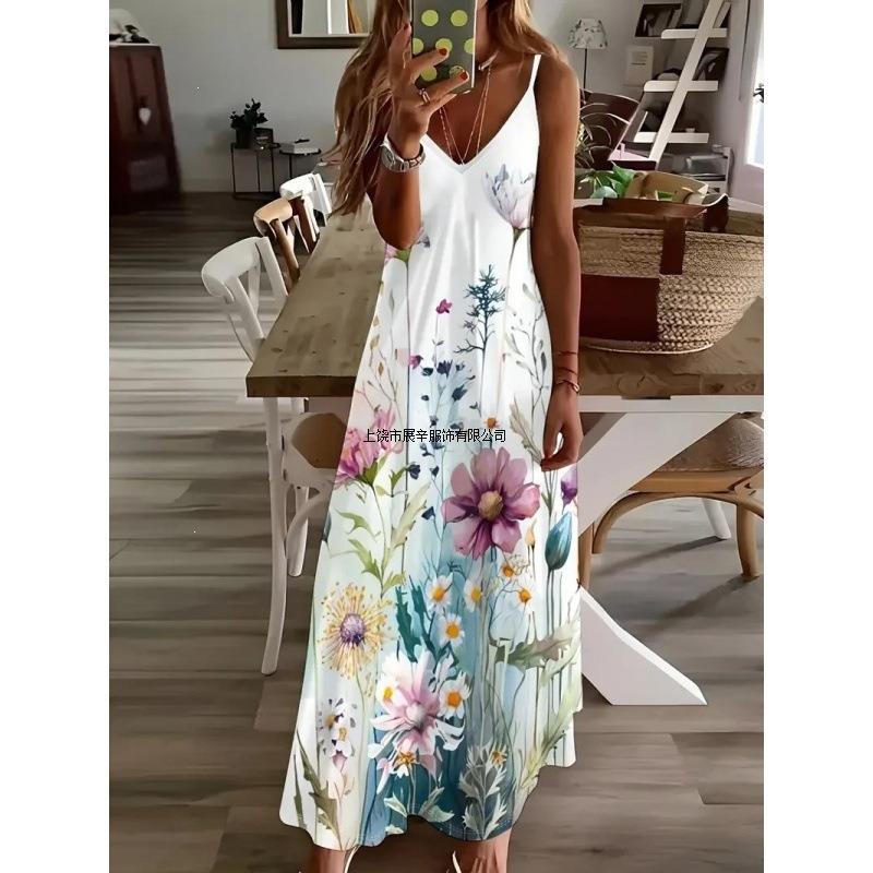 European and American new digital printing women s sleeveless long dress fashion long dress S