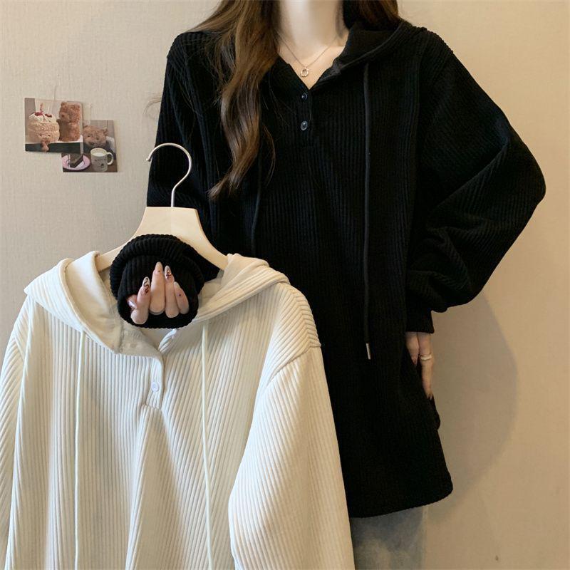Women's Plus Size Ribbed Hooded Long Sleeve T-Shirt - Autumn/Winter Loose Slimming Base Layer