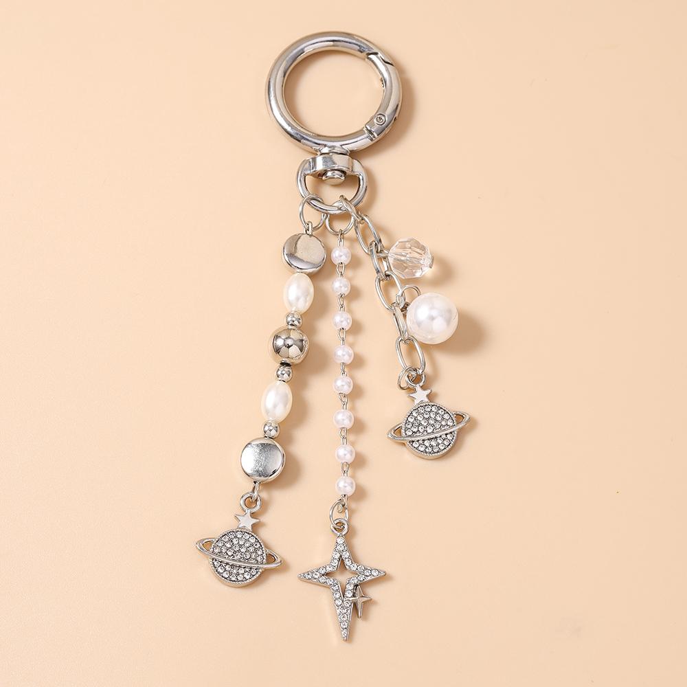 New Rhinestones Star Keychain Pearl Beaded Key Ring Pendants for Women Girls Handbag Decor DIY Handmade Jewelry Gifts