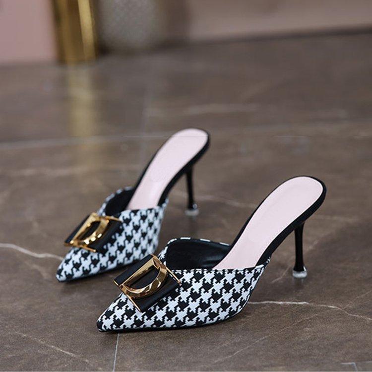 

Летний темперамент элегантные туфли-полушлепанцы с принтом «гусиная лапка», женские, с металлической пряжкой, на остром тонком каблуке, на высоком каблуке, крутые шлепанцы 40
