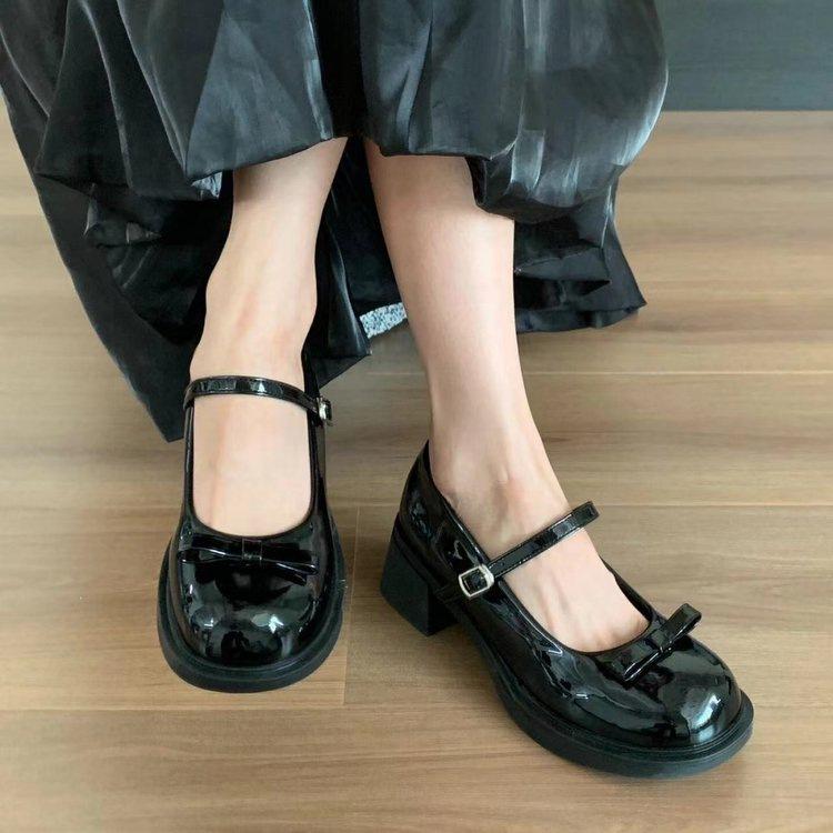 French bow Mary Jane shoes spring new retro thick sole height increase and thin jk small leather shoes