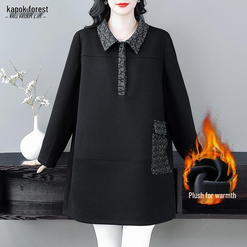 

Женский флисовый свитшот миди с воротником поло большого размера - Повседневное теплое пальто для осени и зимы 6XL (Recommended 100-120 kg)