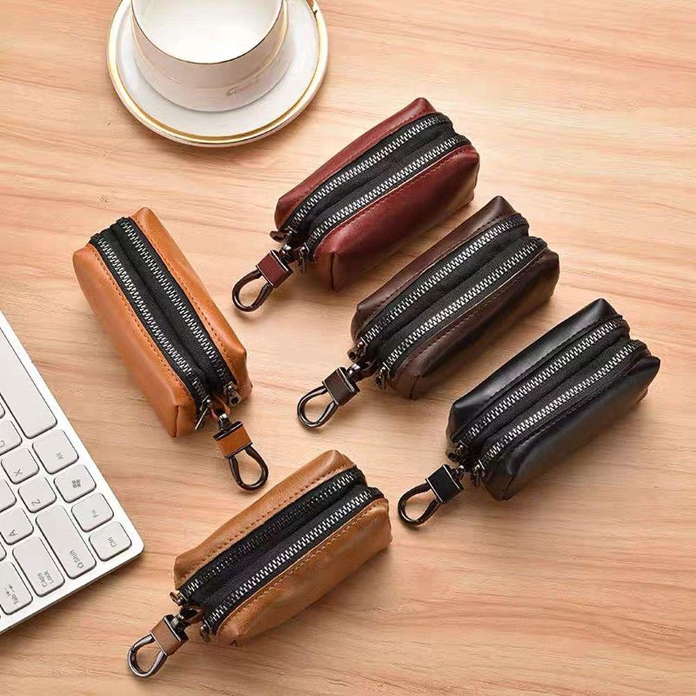 Unisex Leder Schlüsselanhänger Tasche Multifunktional Doppelreißverschluss Münzbörse Große Kapazität Auto Schlüssel Tasche Männer Frauen