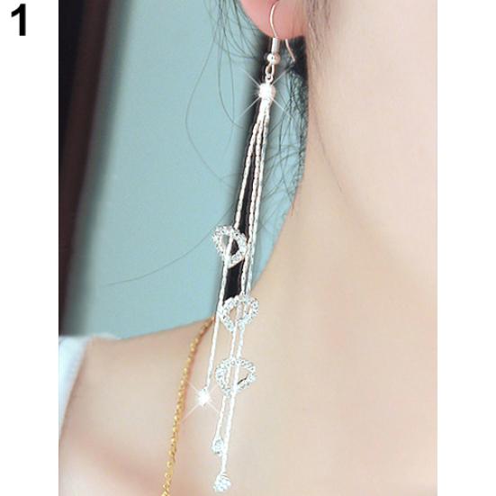 Women's Chic Leaf Heart Rhinestone Long Tassels Drop Dangle Linear Hook Earrings