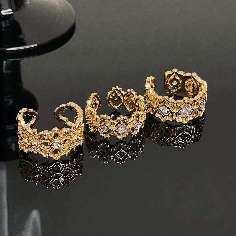 Color Separation Retro Court Luxury Lace Hollow Open Ring Niche Design Personality Ring Woman