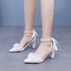 Coarse Heel Pointed Sandals Women's Beaded Ribbon Sandals White Bow Wedding Bridal High Heels Large Size Women's Shoes
