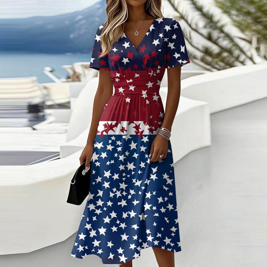 Women's Fashionable V Neck Short Sleeved Independent Day Print Casual Dress