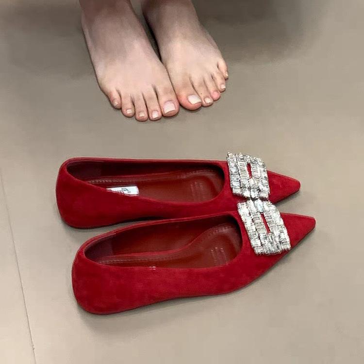 French Beautiful Fashion Inner Height Increase Versatile Evening Shoes Shallow Mouth Rhinestone Square Buckle Ladyshoes Pointed Temperament Commuter