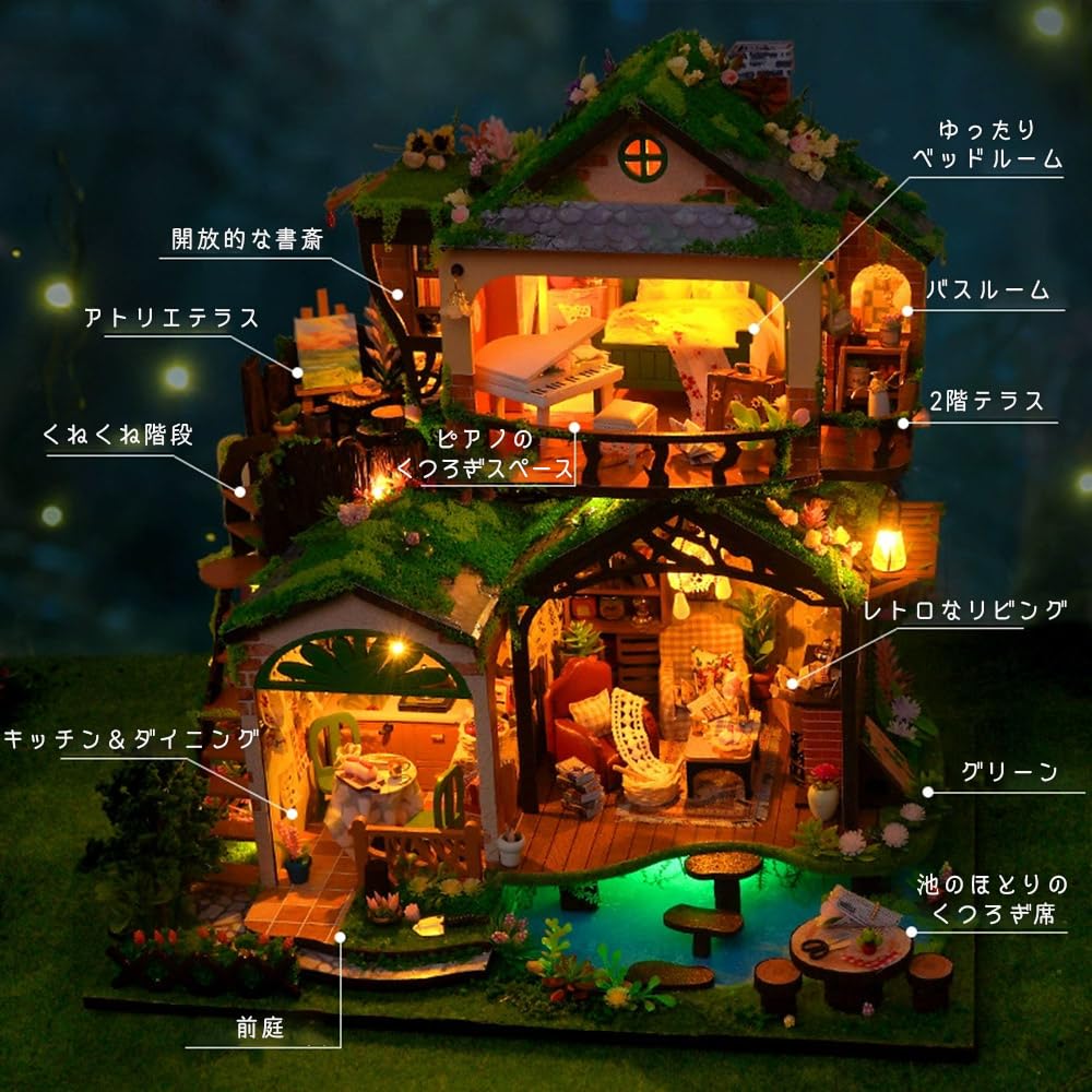 moin moin Dollhouse Miniature DIY Kit Set Scale Beginner Fairy Tale Forest Villa Magic Nursery Rhyme Large Diorama Treehouse Green Animal LED Light