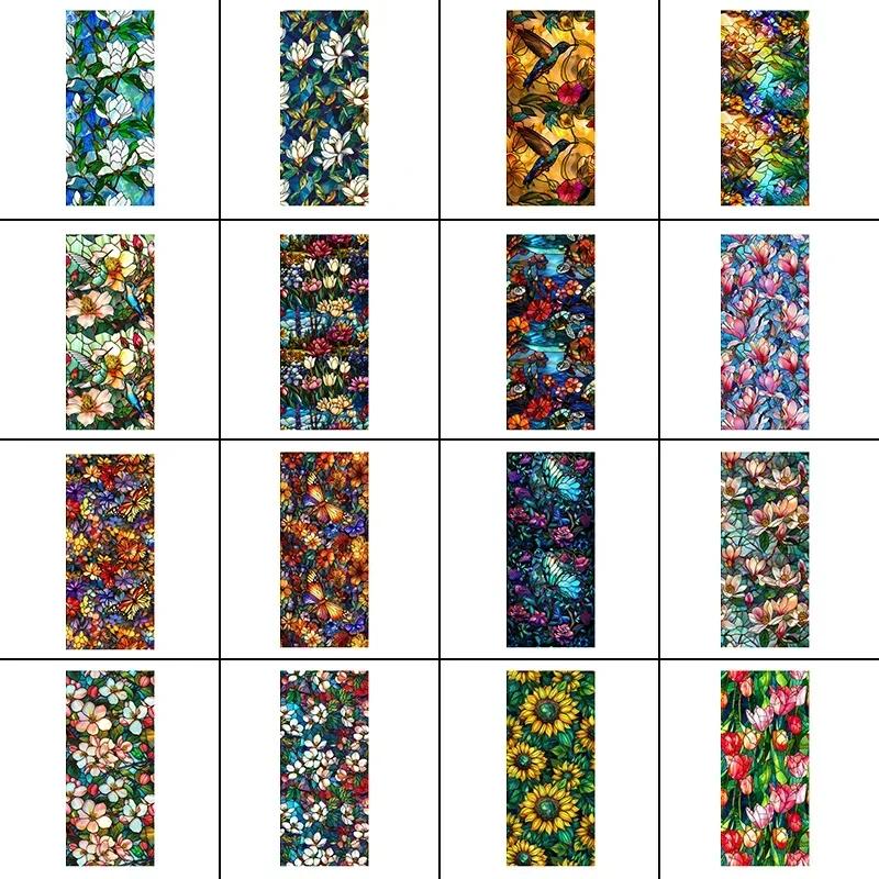 45x100cm Colorful Flower Stained Glass Film Static Cling PVC Privacy Window Film Home Living Room Office Art Decor