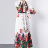 Autumn Women Vintage Print Designer Loose Runway Robe Plus Size Long Maxi Holiday Party Dresses with Belt