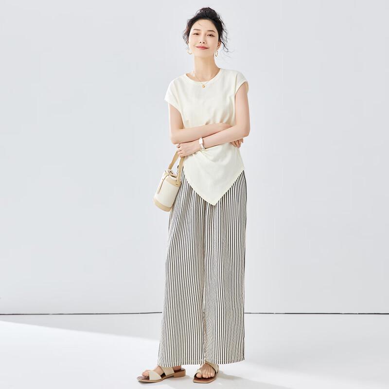TERRE BLEUE Women's Striped T-Shirt & Wide-Leg Pants Set
