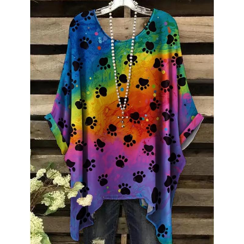 

Women s Oversized T-Shirt Cute Dog and Cat Print Round Neck Casual Top for Vacation Irregular Hemline Design Boho Blouse Clothes 2XL