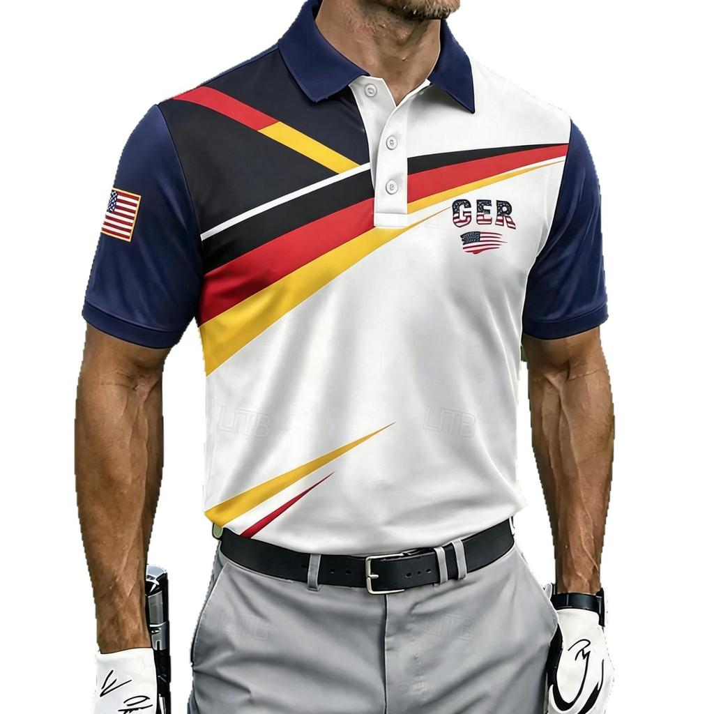 Trendy geometric striped short-sleeve polo, casual daily top.