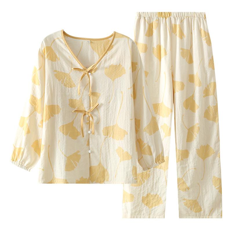 Spring / Autumn Pastoral Women's Pajamas Thin Cotton Double-layer Gauze Nine-quarter Sleeve Loungewear V-neck Pajama Sets for Women 2 Piece