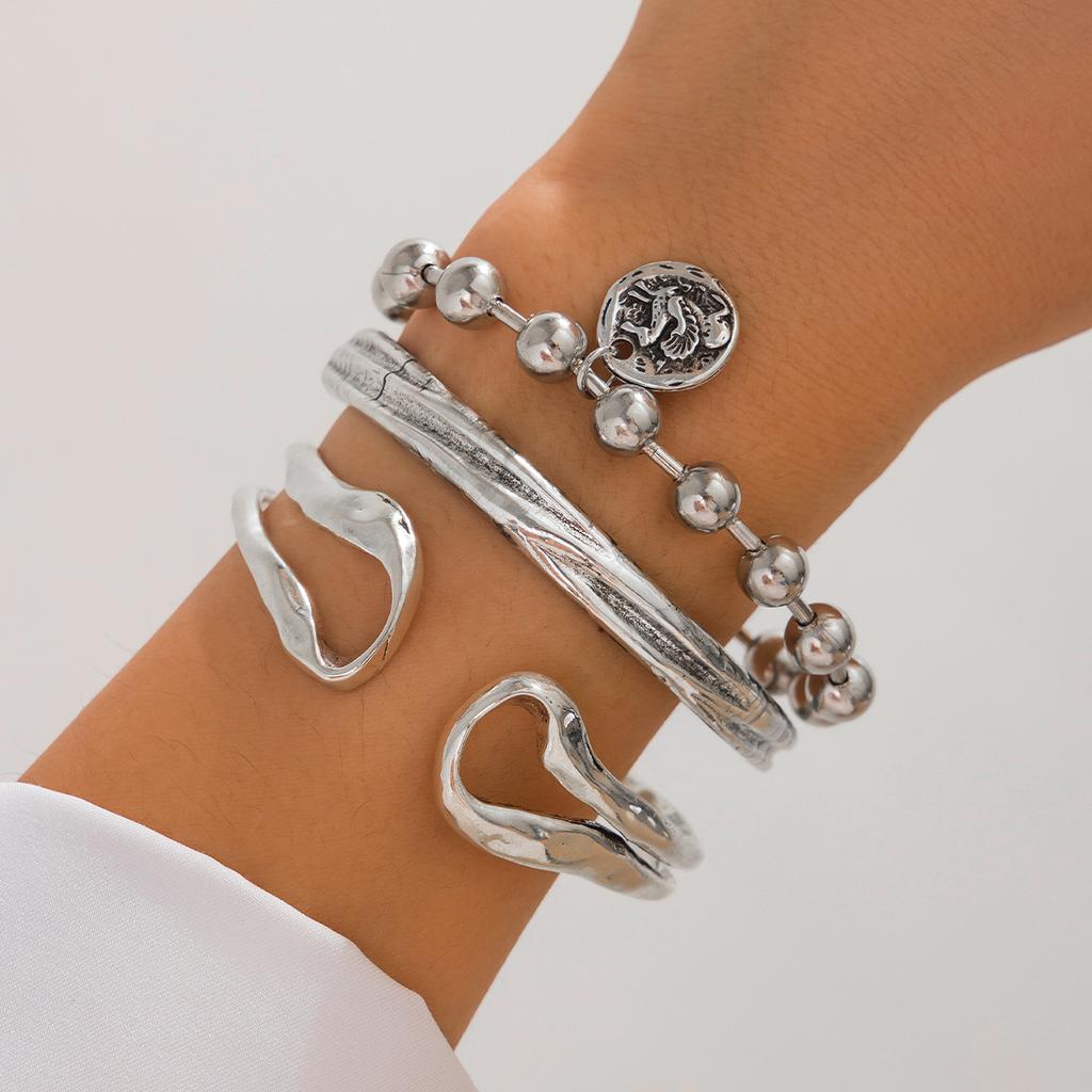 Vintage Irregular Double Ring Hollow Spring Open Bracelet Punk Wind Round Bead Pendant Stacked Bracelet
