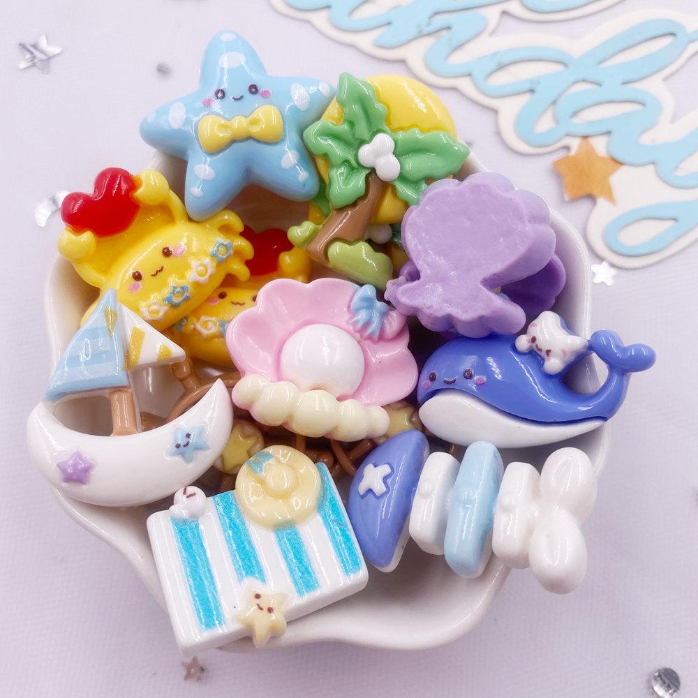 

10pcs Colorful Resin Cartoon Ocean Series Figurine Crab Dolphin Pearl Shell Sailboat Flatback Scrapbook Decor DIY Jewelry Crafts