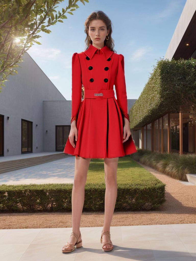 European and American Slim Fit Ruffle Wool Trench Coat with Belt Buckle - Women's Autumn and Winter Style