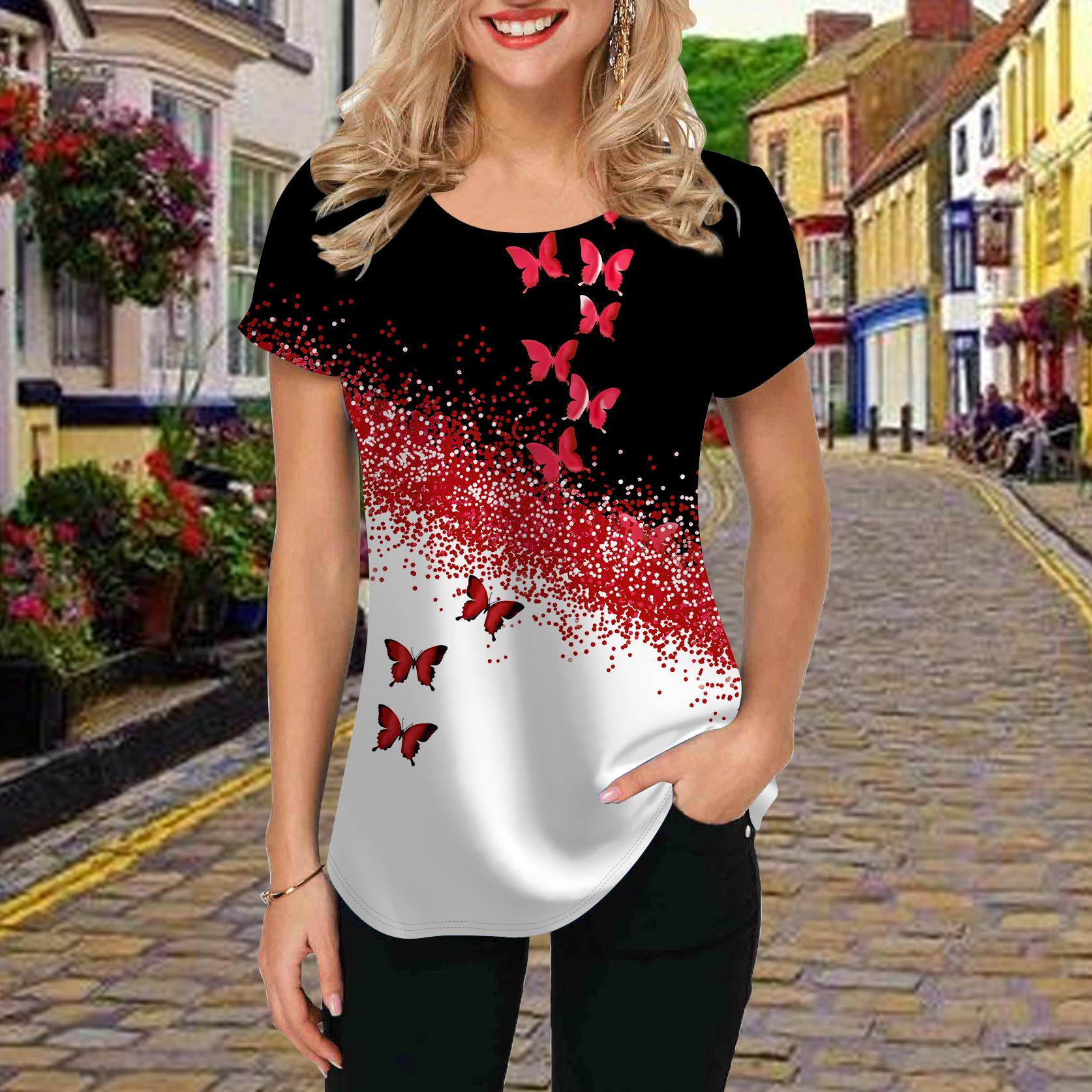 

Модная женская футболка с принтом в горошек и бабочек, забавная повседневная футболка с круглым вырезом и короткими рукавами, летняя женская футболка 8XL красный