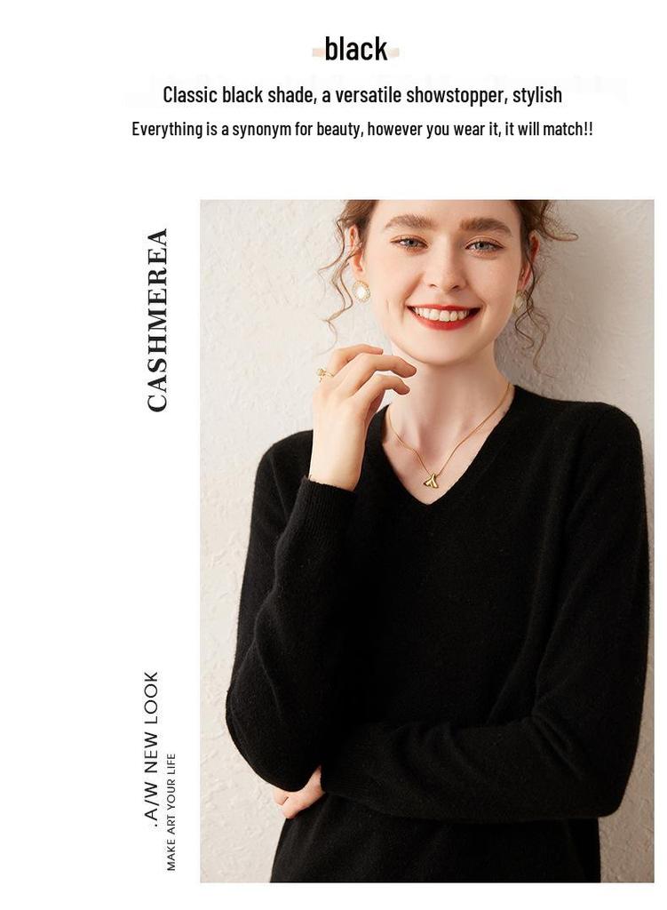 2025 Autumn/Winter Women's V-Neck Cashmere Sweater - Loose Fit, Thin Base Layer, Solid Color