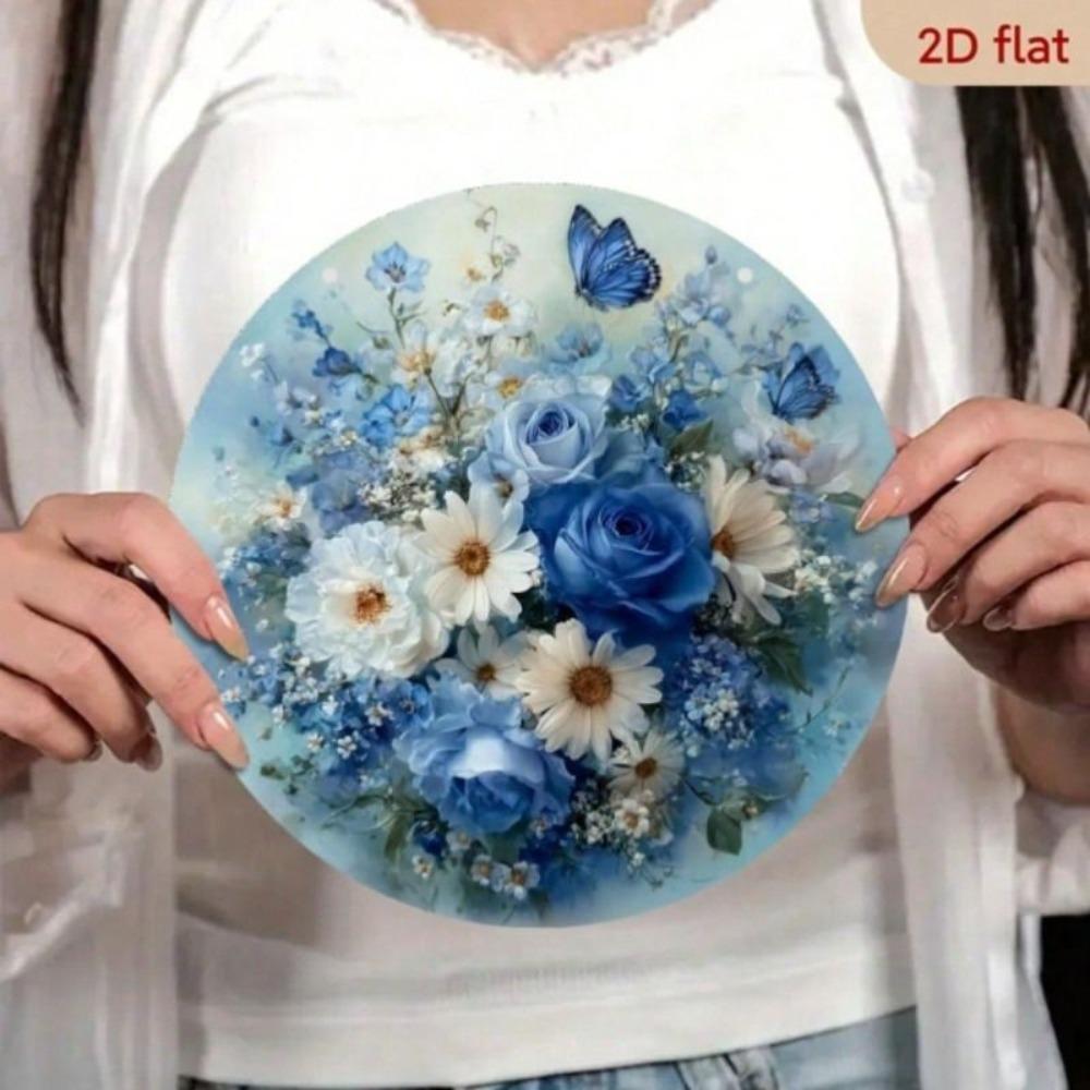 Vintage Round Metal Sign with Blue Roses and Butterflies 20x20cm Wall Decor for Home Bar
