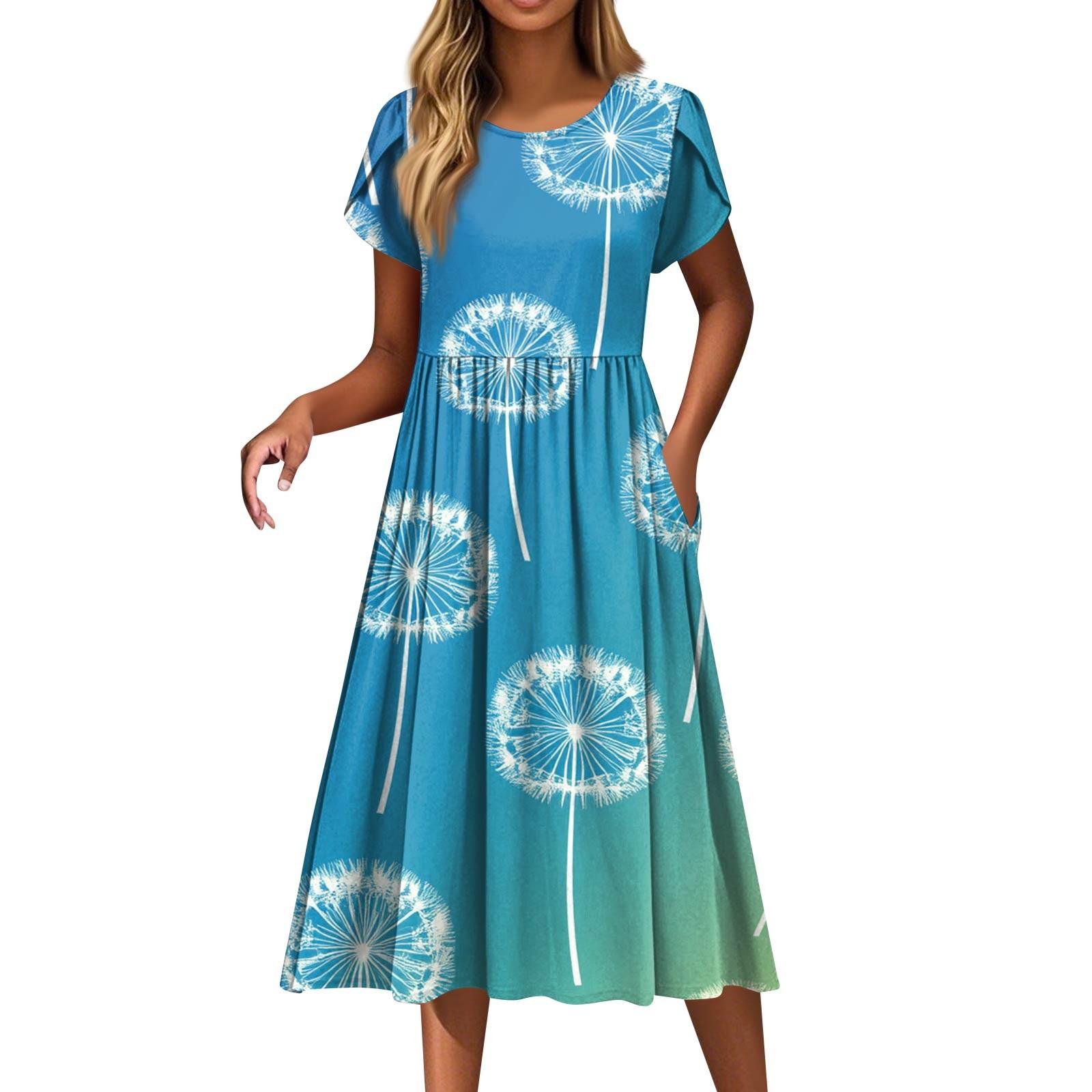 Женские платья Винтажные цветочные платья с круглым вырезом и коротким рукавом L