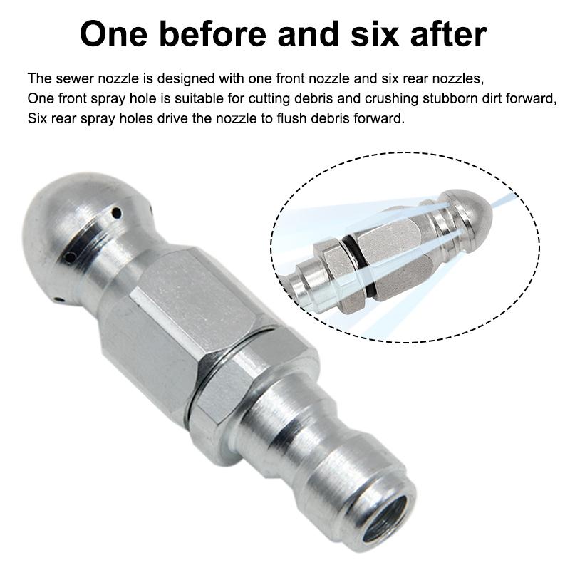 Water Rat Stainless Steel High-pressure Nozzle 1/4 Quick Connect Sewer Clean Drain Unclog Front One Back Six Springler Head