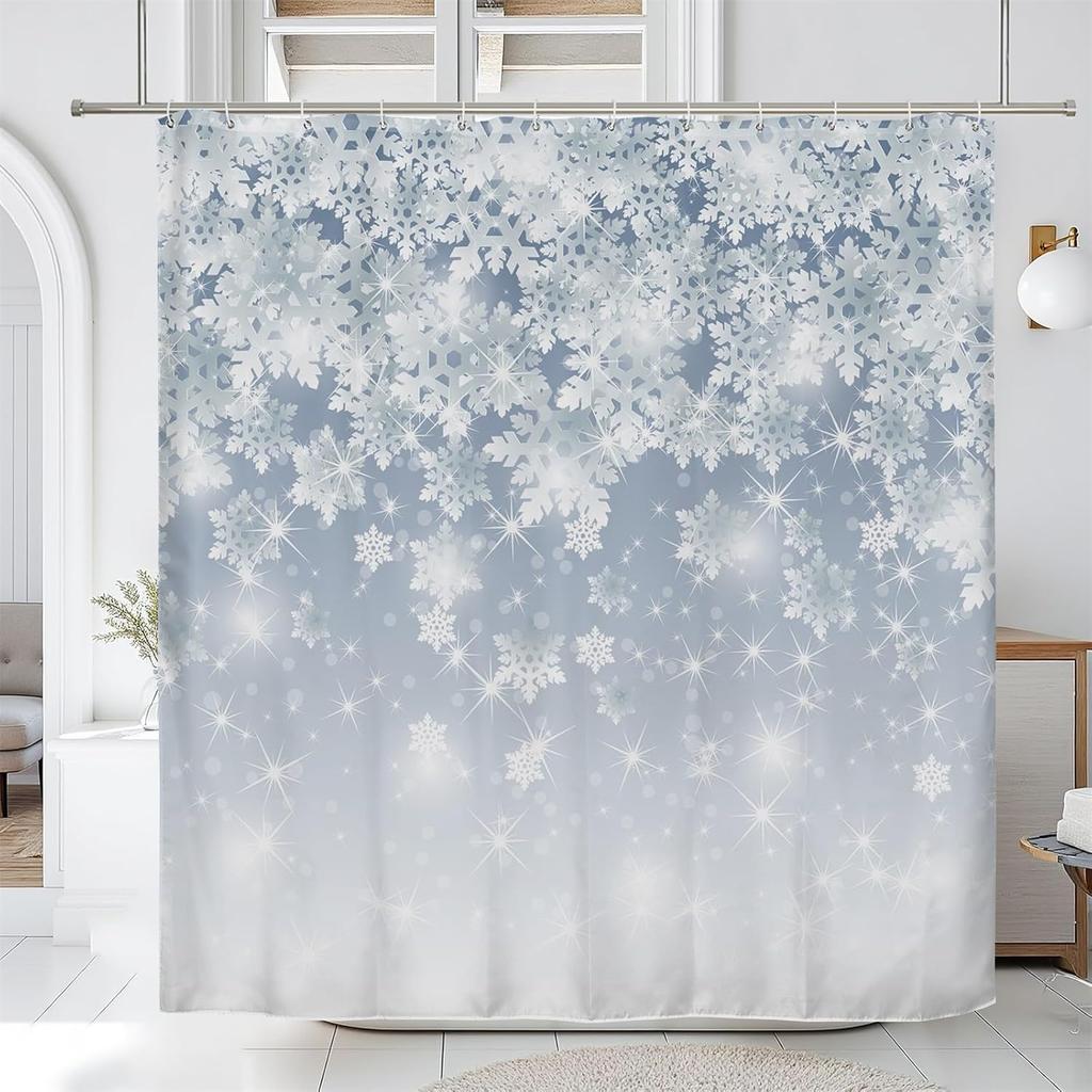 Snowflake Shower Curtain Winter Holiday Pattern Blue White Design Christmas Decor Bathroom Accessories Waterproof Fabric 150X200