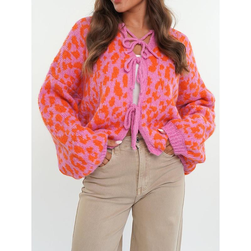 New In Leopard Print Round Neck Lace-up Knitted Cardigan Women Autumn Winter Trendy Streetwear Sweater Coats