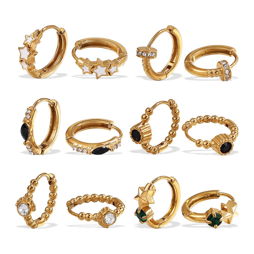 Japanese and Korean Popular Jewelry, Stainless Steel Gold-plated Earrings, Ear Buckles, Summer Earrings, Inlaid Rhinestone Earrings.