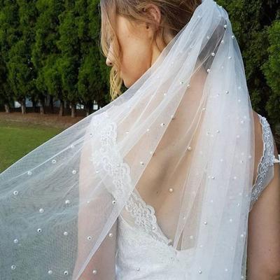 Cathedral Length Wedding Veil with Artificial Pearls Decors Soft Tulle Bridal Veil with Hair Comb For Bride 150/200cm