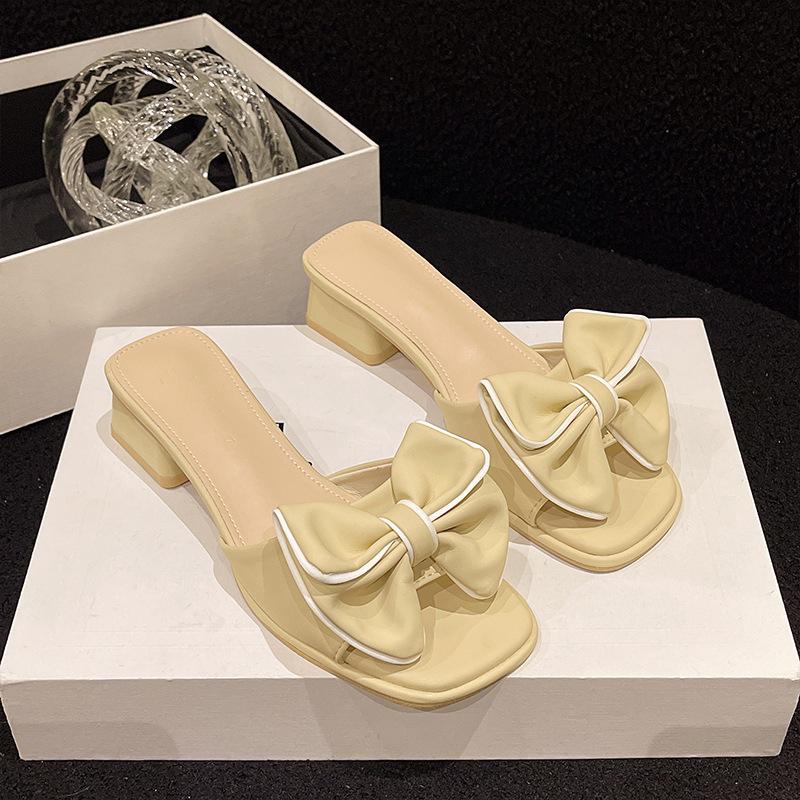 2025 spring and summer women's French sandals fashion trend thick heel half drag bow one word drag outer wear square head