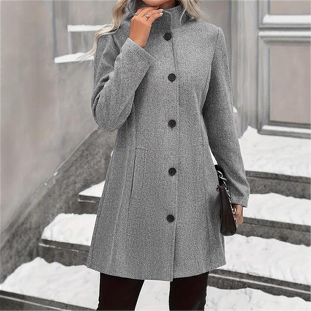 Women Turn‑Down Collar Wool Blend Coat Single Breasted Button Down Long Sleeve Pockets Mid‑Length Casual Winter Outerwear Jacket