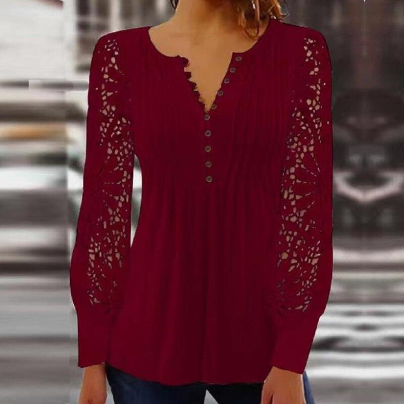 Fashion Hollow Out Γυναικεία δαντέλα μπλούζα με μακρυμάνικο μπλουζάκια V λαιμόκολλα συμπαγή πλισέ vintage μπλούζες Γυναικεία casual λεπτό λευκό πουκάμισο
