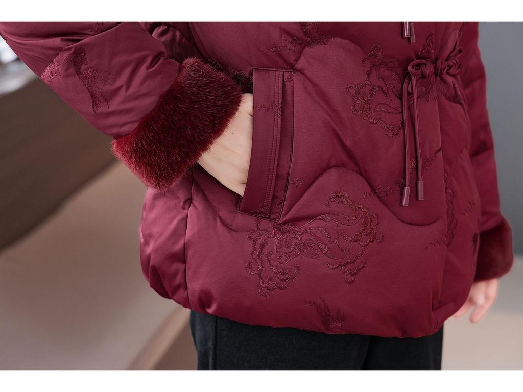 Plus Size Winter Down Coat for Mature Women - Elegant Chinese Style with Embroidery and Frog Buttons