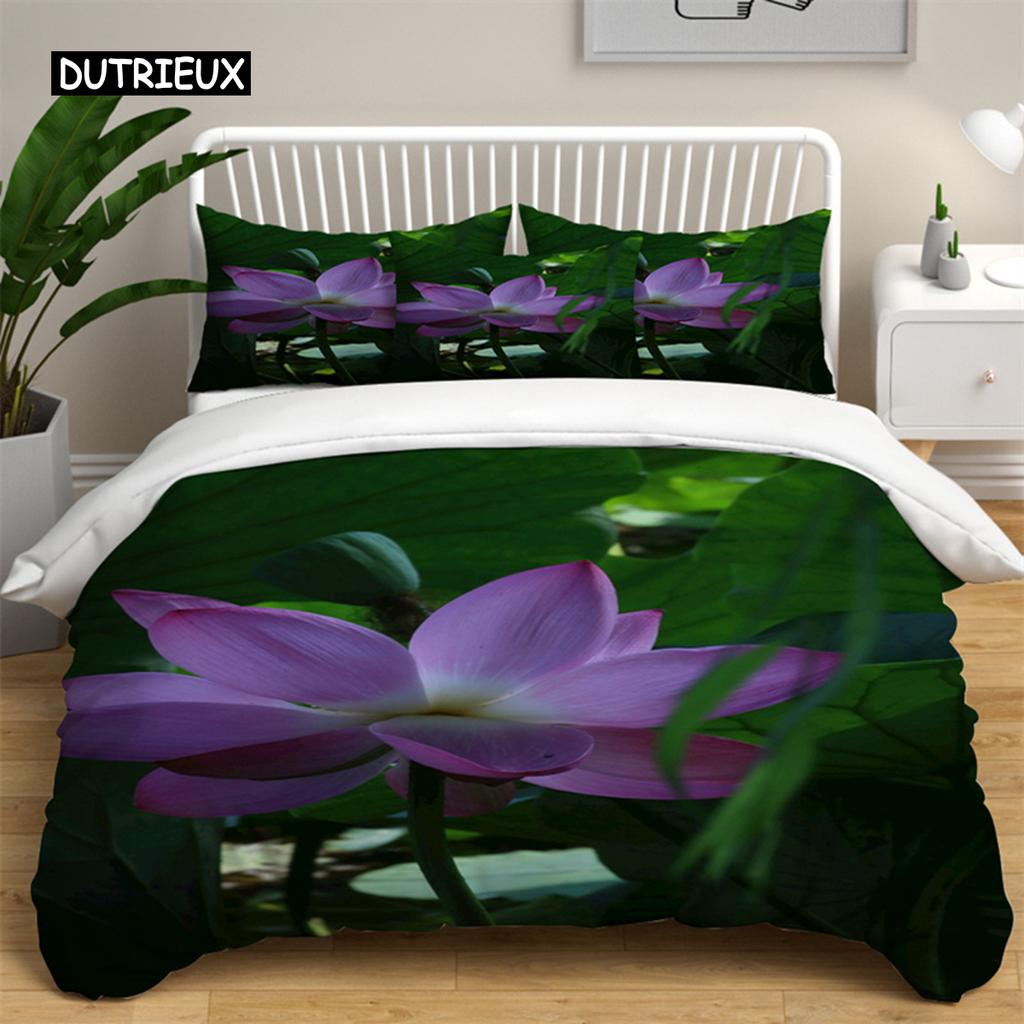 Lotus Floral Duvet Cover King Microfiber Water Hibiscus Bedding Set Flower Leaves Quilt Cover Nature Art Theme Bedspread Cover