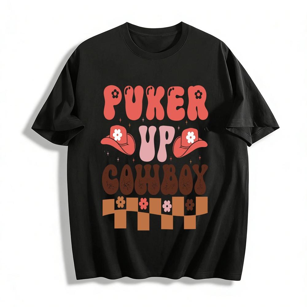 Western Retro Fun Slogan Printed T-Shirt PUKER UP COWBOY Pure cotton T-shirt XXS