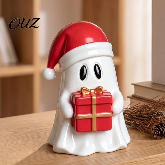 Artistic Desktop Atmosphere Decor Christmas Ghost Resin Figurine, Cute with Santa Hat Holding Gift Box Decorative Pieces for Parties & Tree,
