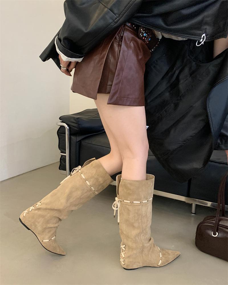 

Pointed long tube knight boots women s 2025 early autumn new wide tube folded two wear pleated pile boots boots 39 хаки